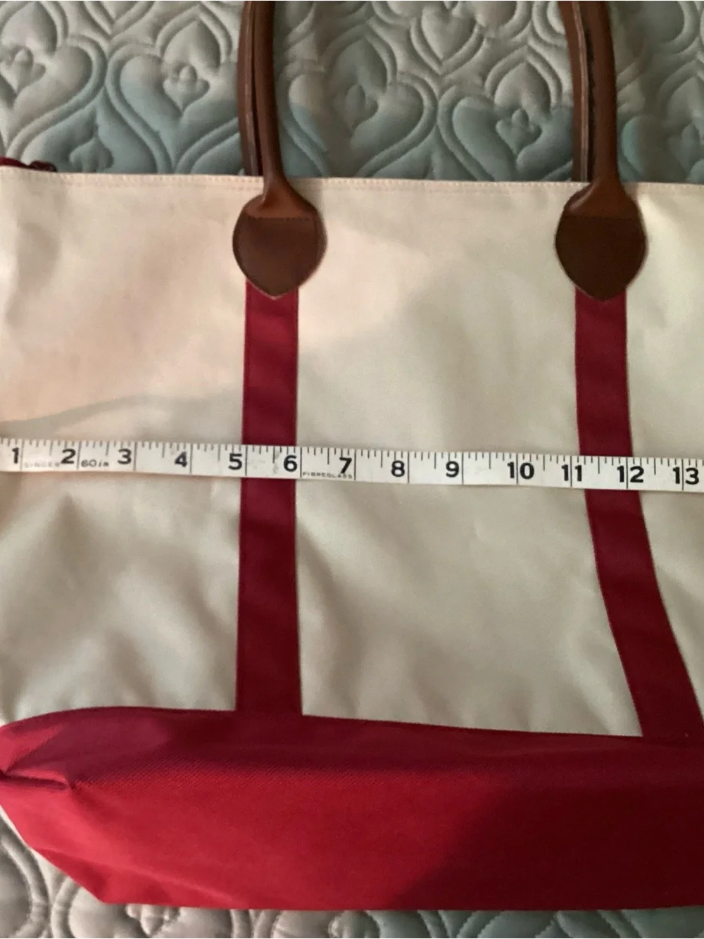 Canvas Tote Bag with red trim , Pink Accent removable heart  and Brown Handles